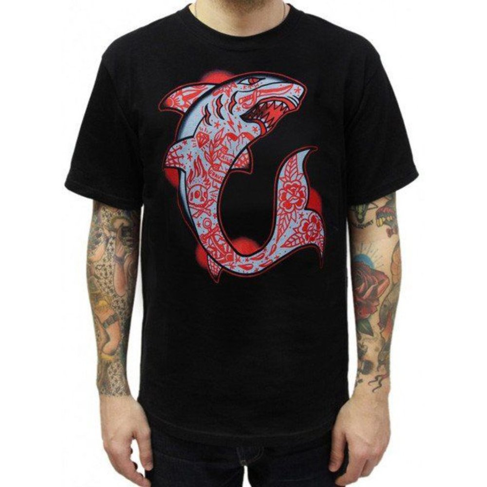 NWT Shark Tattoo Flash Art Black Men's Graphic Tee S-2XL